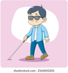 blind man walking holding stick and wearing eyeglass. vector illustration character design	
