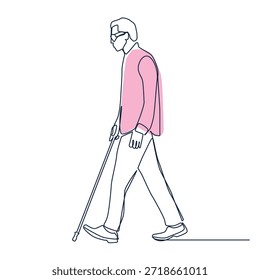 Blind man walking one line drawing. Blind man walking single line illustration. Blind man walking minimalist line art. Blind man walking vector art