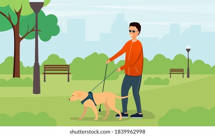 A blind man walking in the park with the help of a guide dog. Flat cartoon vector illustration.