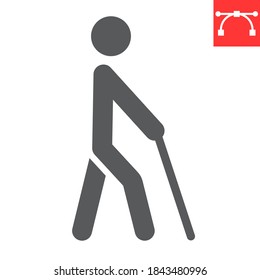 Blind man with walking stick glyph icon, disability and blindness, blind person sign vector graphics, editable stroke solid icon, eps 10