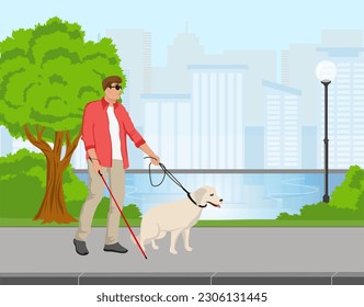 Ciegos con bastón para caminar y perro guía caminando por el parque de la ciudad. El tipo camina con el compañero labrador mascota. El cuidado del perro y la ayuda a los humanos. Paisaje urbano con lago y edificios de fondo. Ilustración del vector