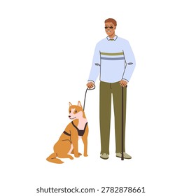 Blind man with walking stick and guide dog. Vector isolated smiling male character with significant visual impairment or complete lack of sight. Disabled and inclusive people and active lifestyle