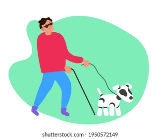 blind man walking with stick and robotic dog electronic helper guide vector illustration