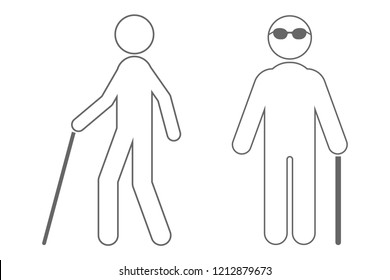 Blind man with walking stick and sunglasses. Outline. Vector icon.