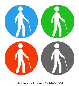 Blind man with walking stick. Vector icon set.