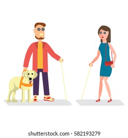 Blind man with walking stick and woman with guide dog. Isolated Vector illustration of Disabled people.
