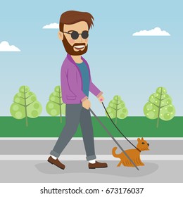 Blind man walking street with help of guide dog