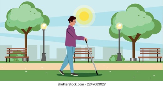blind man walking through the park with cane.
