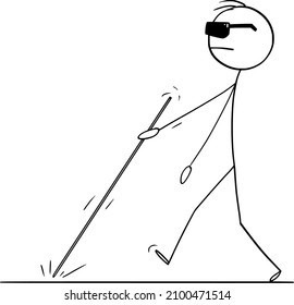 Blind man walking with white cane or stick and black glasses, vector cartoon stick figure or character illustration.