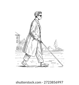 Blind man walking with a white cane engraving icon flat vector design.