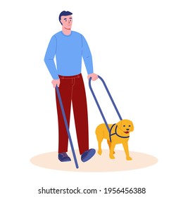 A Blind Man Walks With A Guide Dog And A Stick. Vector Illustration In Flat Cartoon Style. Isolated On A White Background.