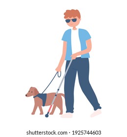 blind man wearing glasses walking with dog a cane walking vector cartoon illustration isolated