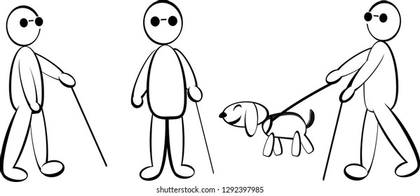 Blind man wearing sunglasses and guide dogs, fat people, black and white icon set Simple vector illustration, suitable for signage and warning signs.
