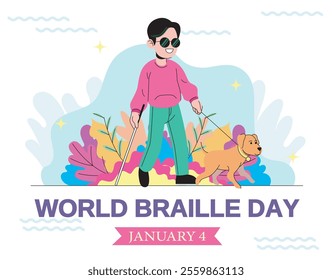 blind man wearing sunglasses holding stick and walking with dog. World Braille Day celebration on January 4th