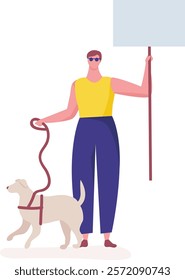 Blind man wearing sunglasses, holding a blank placard while walking with his guide dog, depicted in a colorful flat design vector illustration on a simple white background