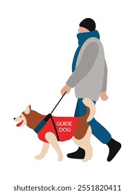 Blind Man Wearing Warm Clothes Walks Outside With Guide Dog Assistance. Cold Weather. Flat Style Vector Illustration Isolated On White Background