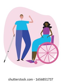 Un hombre ciego con una caña blanca con gafas y una mujer afroamericana en silla de ruedas como concepto de inclusión y amistad. Ilustración, tarjeta o tarjeta plana vectorial con personas discapacitadas