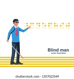 Blind man with a white cane on street. Vector illustration flat design. Signs for blind reading. Isolated on white background. Special sidewalk for the disabled. Road with yellow tips.