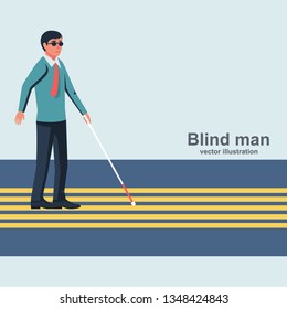 Blind man with a white cane walking down the street. Vector illustration flat design. Isolated on white background. Special sidewalk for the disabled. Road with yellow tips.