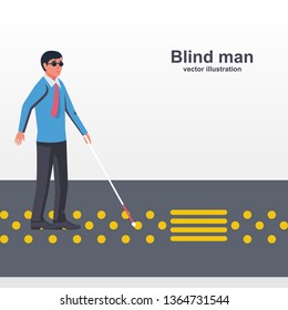 Blind man with a white cane walking down the street. Vector illustration flat design. Isolated on white background. Special sidewalk for the disabled. Road with yellow tips.