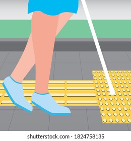 A blind man with a white cane and a yellow tactile tile as novigation. Flat vector stock illustration as a concept of inclusiveness, inclusive society, safety, markup for the blind disabled