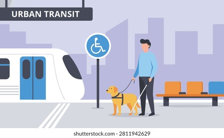 Blind man with a white cane and a yellow guide dog waiting on a subway platform under a wheelchair accessibility sign.