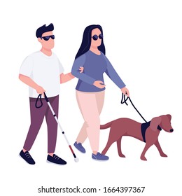 Hombre ciego y mujer con perro guía de color plano vectorial caracter sin rostro. Joven pareja con problemas de visión caminando juntos aislada ilustración de caricaturas para diseño gráfico web y animación