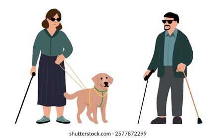 Blind man and blind woman with her dog guide walking outside