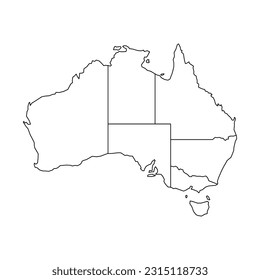 Blind map of Australia divided into states and territories. White flat map with black borders on white background.