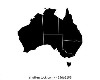 Blind map of Australia divided into states and territories. Black flat silhouette map on white background.