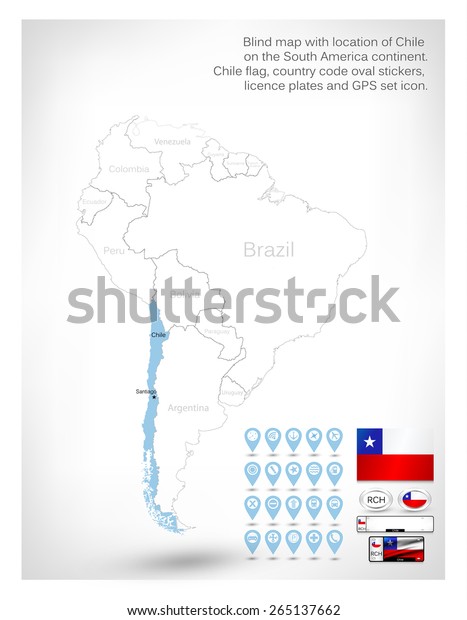 Blind map with location of Chile on the South
America continent. Chile flag, country code oval stickers, licence
plates and GPS set icon.
