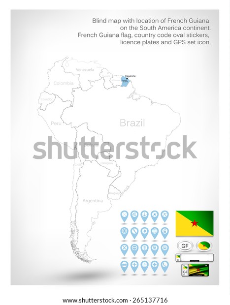 Blind map with location of\
French Guiana on the South America continent.French Guiana flag,\
country code oval stickers, licence plates and GPS set\
icon.