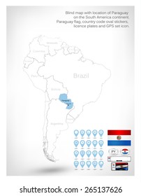 Blind map with location of Paraguay on the South America continent.Paraguay flag, country code oval stickers, licence plates and GPS set icon.