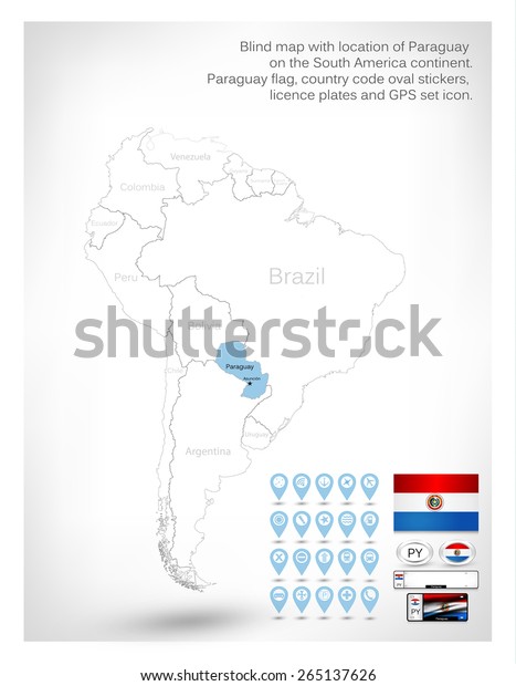 Blind map with location of Paraguay on\
the South America continent.Paraguay flag, country code oval\
stickers, licence plates and GPS set\
icon.