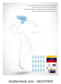 Blind map with location of Venezuela on the South America continent.Venezuela flag, country code oval stickers, licence plates and GPS set icon.