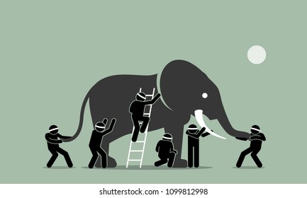 Blind men touching an elephant. Vector artwork illustration depicts the concept of perception, ideas, viewpoint, impression, and opinions of different people in different standpoints. 