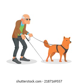 Blind old man character and dog guide. Vector cartoon illustration