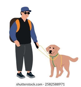 Blind old man with his dog guide walking outside