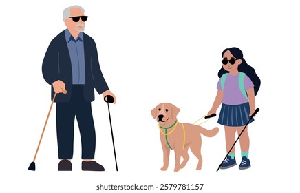 Blind old man and little girl with her dog guide walking outside