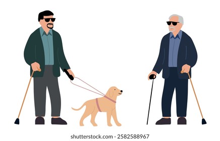 Blind old man and other one with his dog guide walking outside