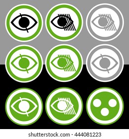 Blind or partially sighted symbol.
Is an eye shape with some lines crossing it, like showing some difficulties to see.