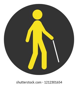 Blind pedestrian with walking stick. Vector icon.