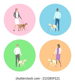 Blind people with guide dogs. Vector illustration.