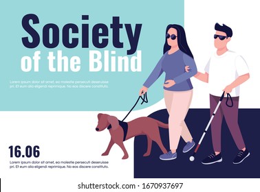 Blind people inclusion banner flat vector template. Brochure, poster concept design with cartoon characters. People with eyesight problem support horizontal flyer, leaflet with place for text