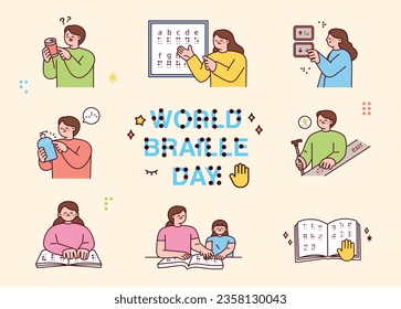 Blinde Menschen lernen und lesen Braille-Schrift. Die Notwendigkeit von Braille im täglichen Leben. Cute Style Illustration mit Umrissen.