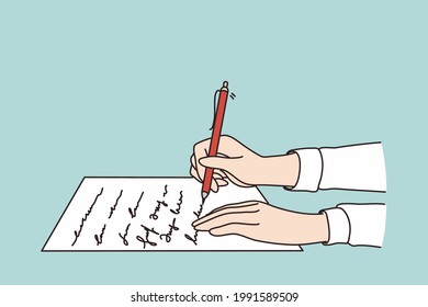 Blind People Lifestyle Concept. Human Hands Writing And Reading Letter On Paper Or Book Written In Braille, Close-up Over Blue Background Vector Illustration 