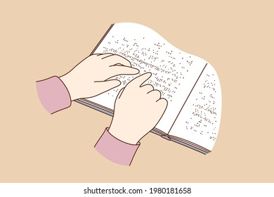 Gente ciega leyendo el concepto de libros. Manos humanas leyendo la historia del libro sobre papel escrito en Braille, cerca de la ilustración del vector de fondo beige 