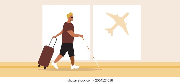 Blind person at the airport. Flat vector stock illustration. A disabled person is waiting for a flight. Visually impaired with luggage. Inclusive airport for the blind. Airport interior. Vector