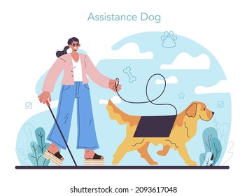 Blind person assistance dog. Guide dog handler concept. Training exercise for social services dogs. Cute domestic pet helping people. Flat vector illustration