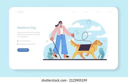 Blind person assistance dog web banner or landing page. Guide dog handler concept. Training exercise for social services dogs. Cute domestic pet helping people. Flat vector illustration